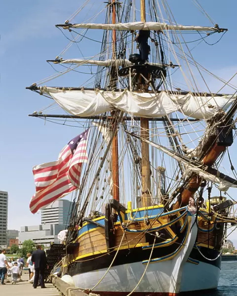 A replica of a Revolutionary War era sailing ship docked at the Portland sea wall