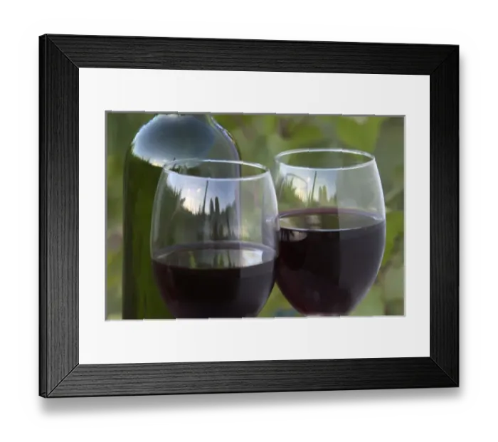Framed Print : Two glasses of Pinot Noir wine with bottle in front of Pinot Noir grape vines in the Sherwood area Framed Print : Two glasses of Pinot Noir wine with bottle in front of Pinot Noir grape vines in the Sherwood area