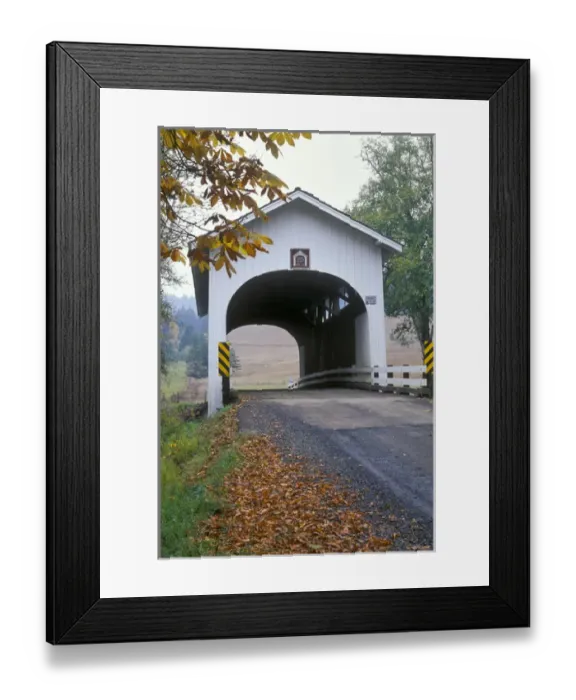 Framed Print : North America, United States, Oregon. Harris covered bridge over Marys River in the fall Framed Print : North America, United States, Oregon. Harris covered bridge over Marys River in the fall