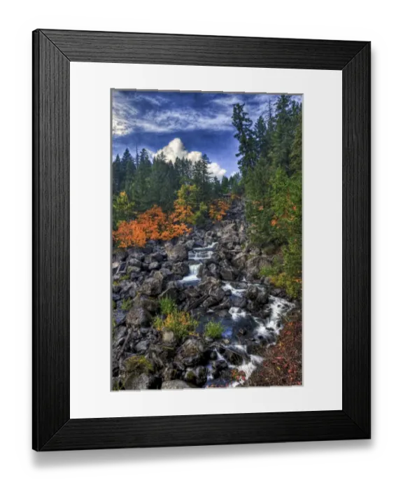 Framed Print : A fall scene of flowing water along the Empqua River in Steamboat Oregon Framed Print : A fall scene of flowing water along the Empqua River in Steamboat Oregon