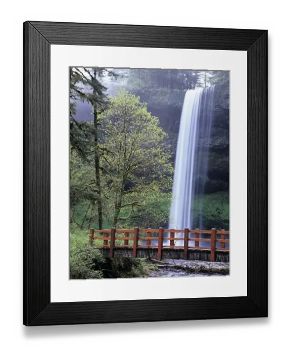 Framed Print : OR, Silver Falls SP, South Falls with footbridge over Silver Creek Framed Print : OR, Silver Falls SP, South Falls with footbridge over Silver Creek