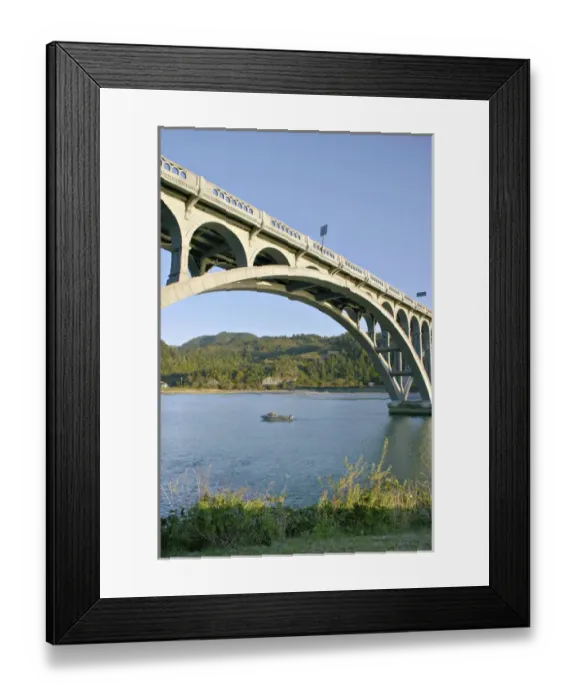 Framed Print : Patterson Memorial Bridge highway 101 over Rogue River on coast at Gold Beach Oregon