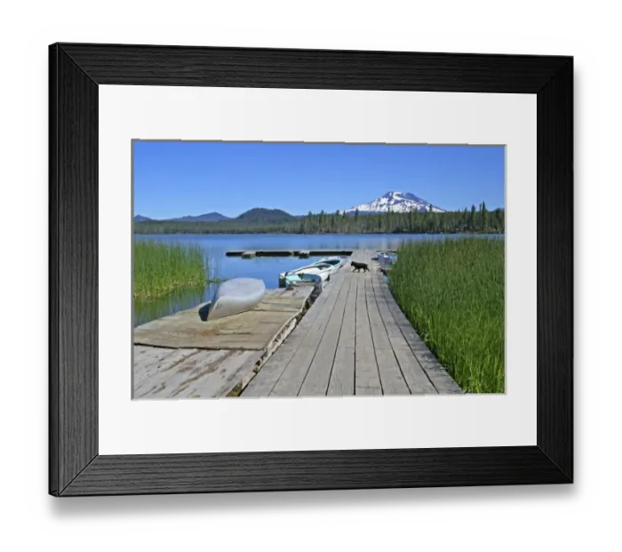Framed Print : Boat docks at Lava Lake Resort Sister Mountain on Cascade Lakes National Scenic Byway