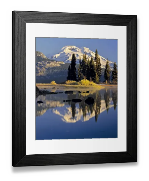Framed Print : USA, Oregon, Sparks Lake. Autumn and new snow comes early to Sparks Lake and South