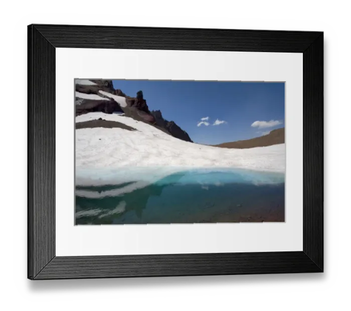 Framed Print : USA, Oregon, Broken Top. A snow field reflects into a glacial tarn near Broken Top
