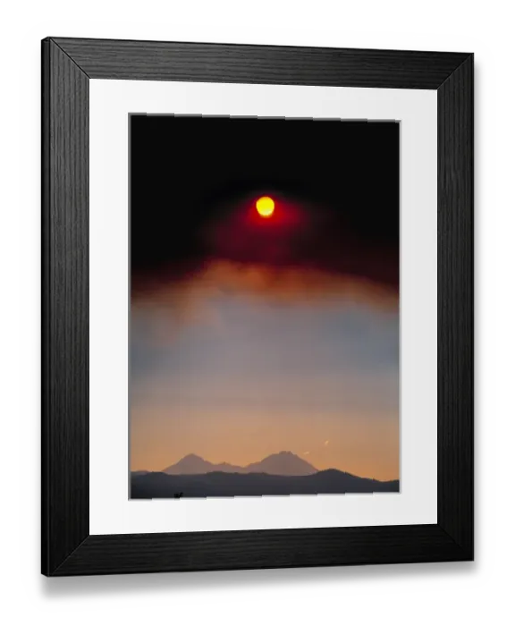 Framed Print : USA, Oregon, Bend. Smoke from forest fires partially blocks the sun in the Cascades Range