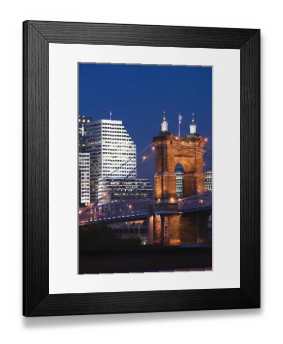 Framed Print : USA-Ohio-Cincinnati: Roebling Suspension Bridge (b. 1876) over the Ohio River / Evening Framed Print : USA-Ohio-Cincinnati: Roebling Suspension Bridge (b. 1876) over the Ohio River / Evening