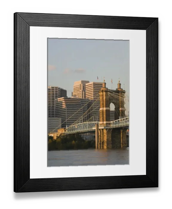 Framed Print : USA-Ohio-Cincinnati: Roebling Suspension Bridge (b. 1876) over the Ohio River  /  Sunset