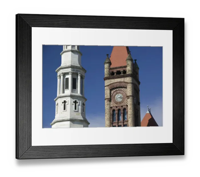 Framed Print : USA-Ohio-Cincinnati: Towers of St. Peter in Chains Cathedral and Cincinnati City Hall