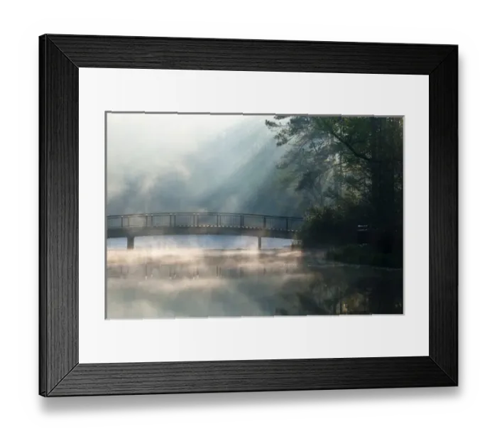 Framed Print : USA, Georgia, Callaway Gardens. Sunlit mist on bridge over lake. Credit as: Nancy Framed Print : USA, Georgia, Callaway Gardens. Sunlit mist on bridge over lake. Credit as: Nancy