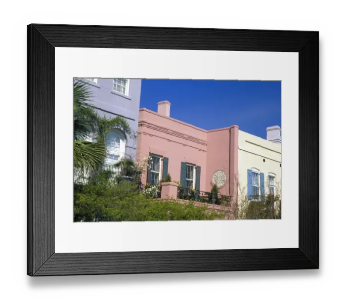 Framed Print : N. A. USA, South Carolina, Charleston. Pastel colored homes in the historic district