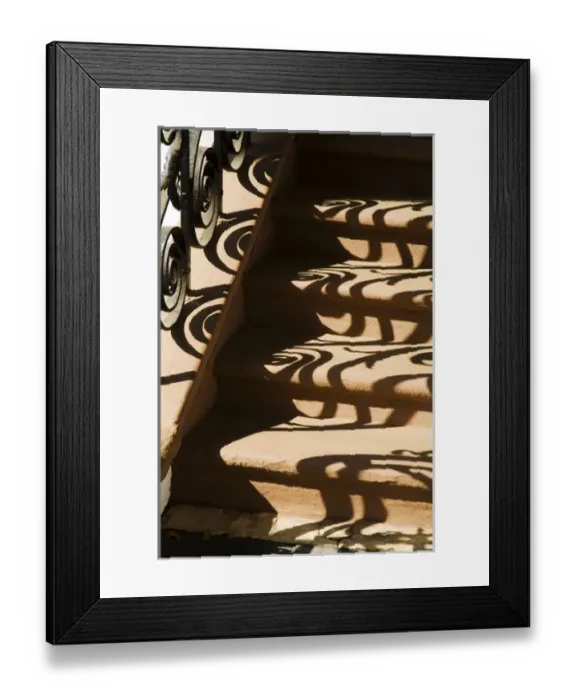 Framed Print : North America, USA, South Carolina, Charleston. Shadows of the wrought iron railing