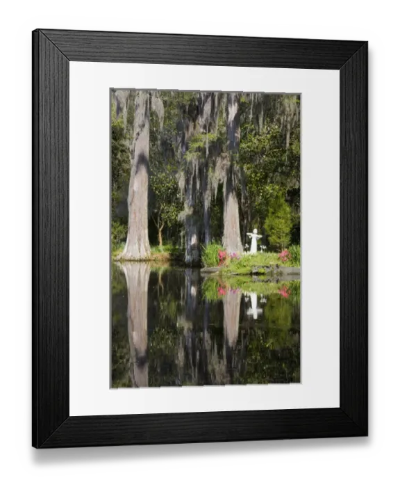 Framed Print : North America, USA, South Carolina, Charleston. Garden Statue and Blooming Azaleas