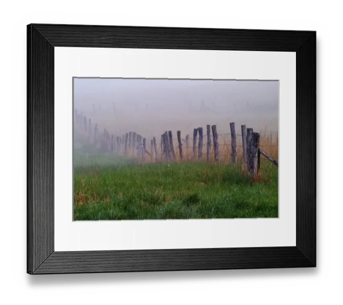 Framed Print : Fence across foggy meadow Cades Cove Great Smoky Mountains N. P. TN