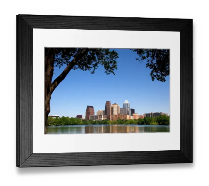 Framed Print : Cityscape skyline view of Austin, Texas with City Lake in the foreground