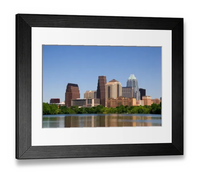 Framed Print : Cityscape skyline view of Austin, Texas with City Lake in the foreground Framed Print : Cityscape skyline view of Austin, Texas with City Lake in the foreground