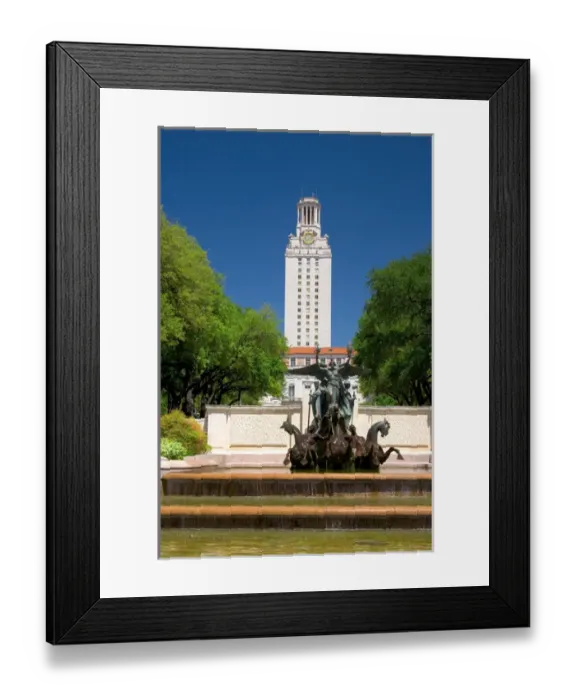 Framed Print : A fountain on the campus of University of Texas in Austin with the clock tower in Framed Print : A fountain on the campus of University of Texas in Austin with the clock tower in