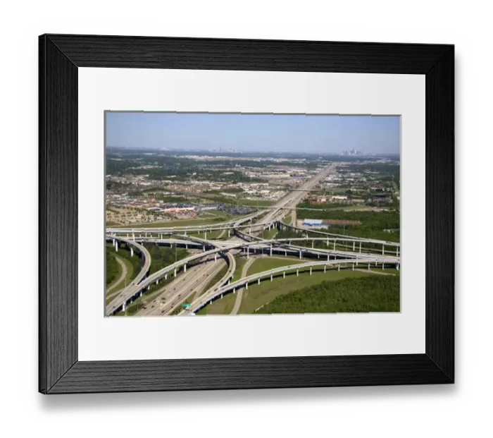 Framed Print : Aerial view of the freeway interchange of Interstate 45 and the State Highway Beltway 8 in Houston