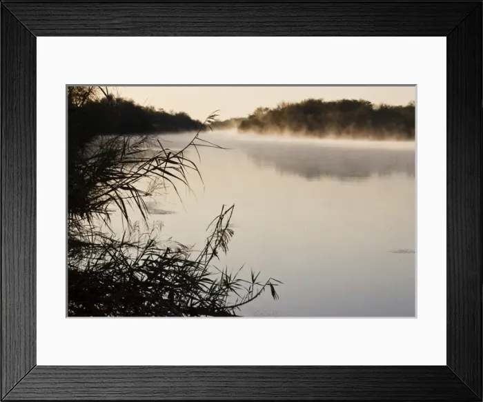 Framed Print : Rio Grande with fog rising, international boundary between Mexico  /  Texas at sunrise