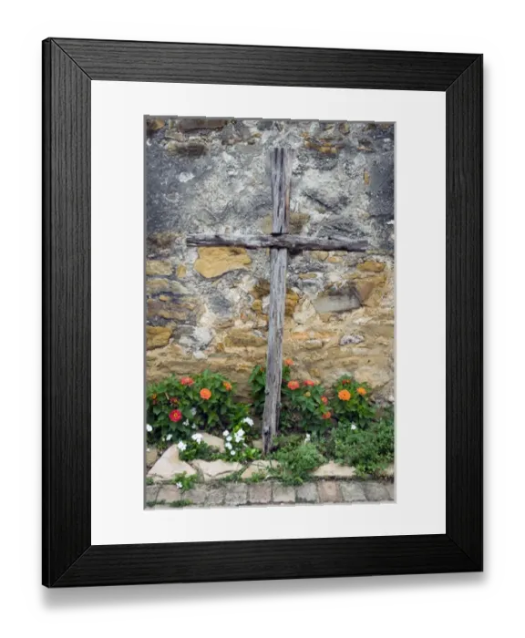 Framed Print : USA, Texas, Wooden cross near the chapel entrance at mission San Francisco de la Framed Print : USA, Texas, Wooden cross near the chapel entrance at mission San Francisco de la