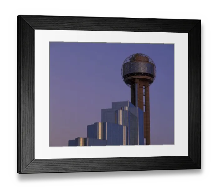Framed Print : N. A. USA, Texas, Dallas Reunion Tower and Hyatt Regency Hotel at dusk