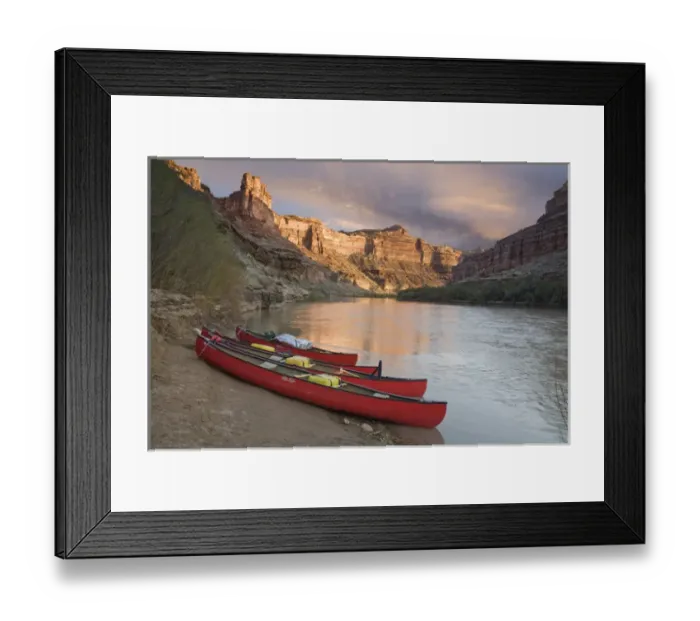 Framed Print : USA, Utah, Canyonlands National Park. Three red canoes rest on bank of Green River Framed Print : USA, Utah, Canyonlands National Park. Three red canoes rest on bank of Green River