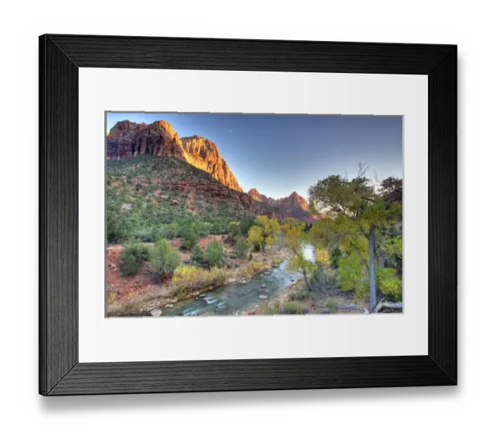 Framed Print : Watchman Peak mountain and Virgin River in Fall foliage, Zion National Park; Springdale and St