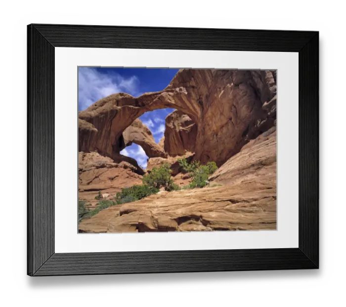 Framed Print : USA, Utah, Arches NP. Hikers rest below Double Arch in Arches National Park, Utah Framed Print : USA, Utah, Arches NP. Hikers rest below Double Arch in Arches National Park, Utah