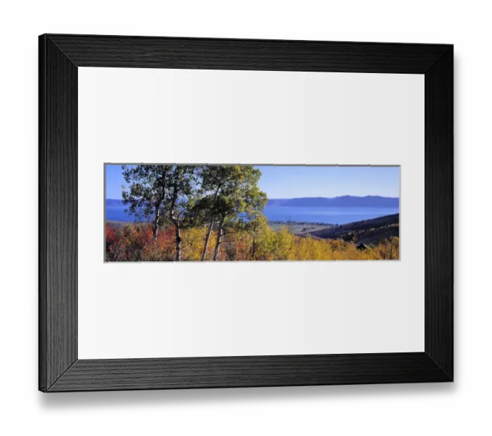 Framed Print : USA, Utah, Bear Lake. The deep blue of Utahs Bear Lake contrasts with autumn foliage