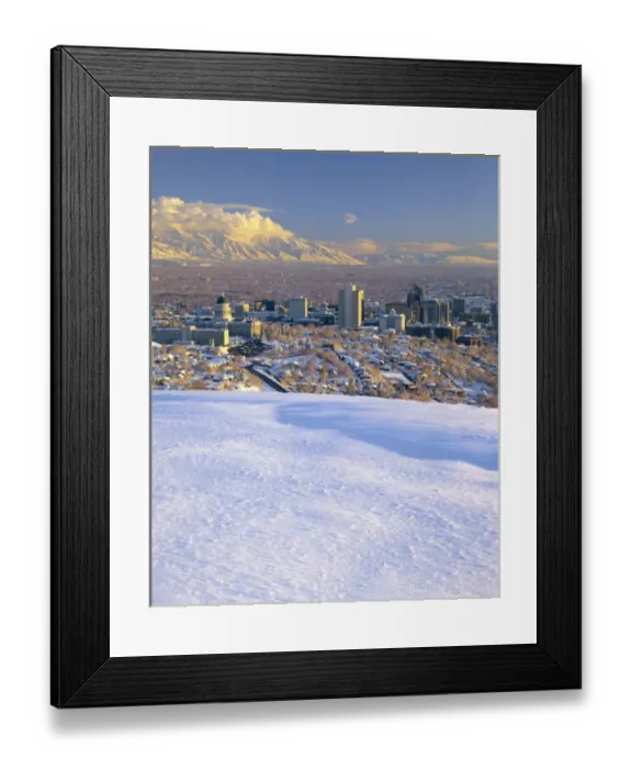 Framed Print : SALT LAKE CITY, UTAH. USA. Deep snow above the Salt Lake Valley. Wasatch Mountains