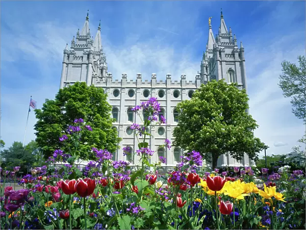 USA, Utah, Salt Lake City, View of LDS (Mormon) Temple with flowers in foreground