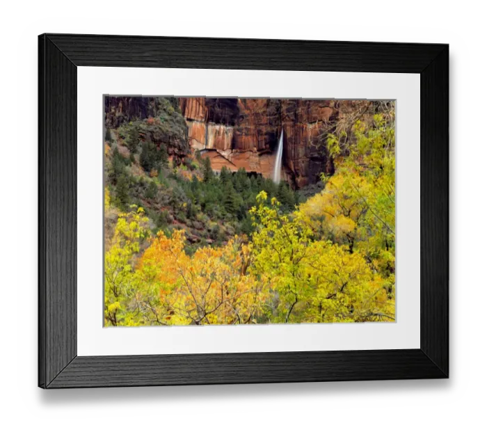 Framed Print : Zion National Park, Utah. USA. Ephemeral waterfall pours out of slot in cliff during Framed Print : Zion National Park, Utah. USA. Ephemeral waterfall pours out of slot in cliff during