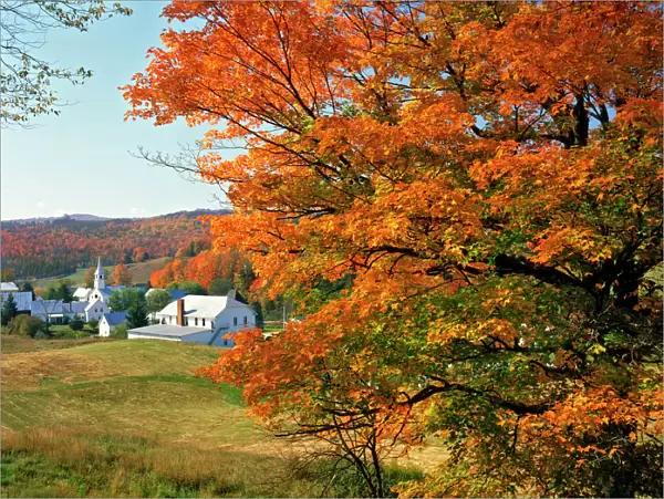USA, Vermont, East Corinth. Fall colors framing church and town. Credit as: Steve