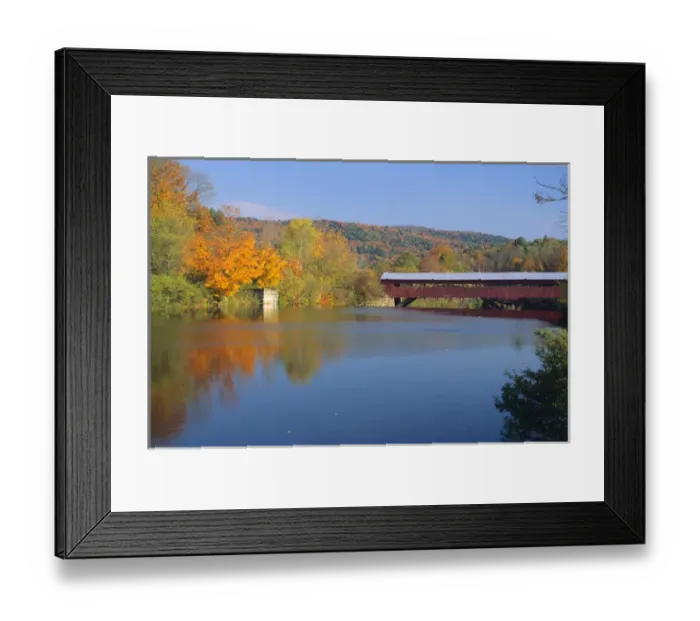 Framed Print : Covered bridge over the Ottauqueche River in Vermont. covered bridge, ottauqueche river