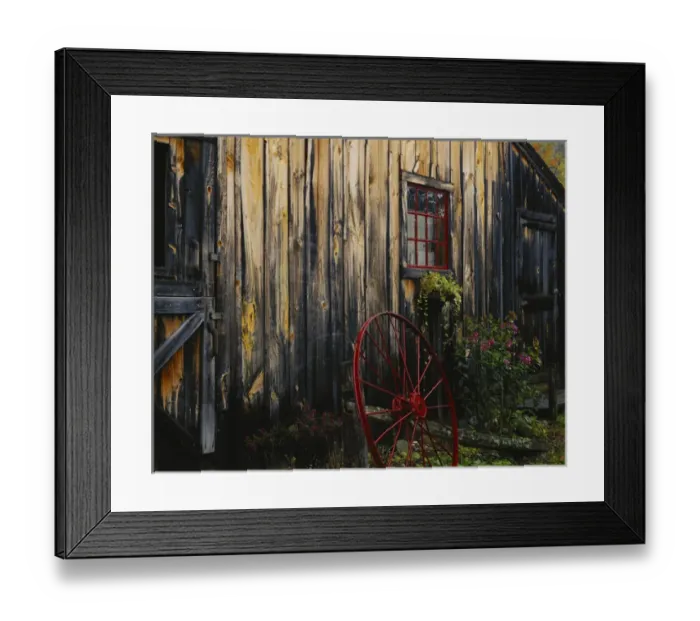 Framed Print : USA, Vermont, Weston, Drury Place, Wheel besides barn Framed Print : USA, Vermont, Weston, Drury Place, Wheel besides barn