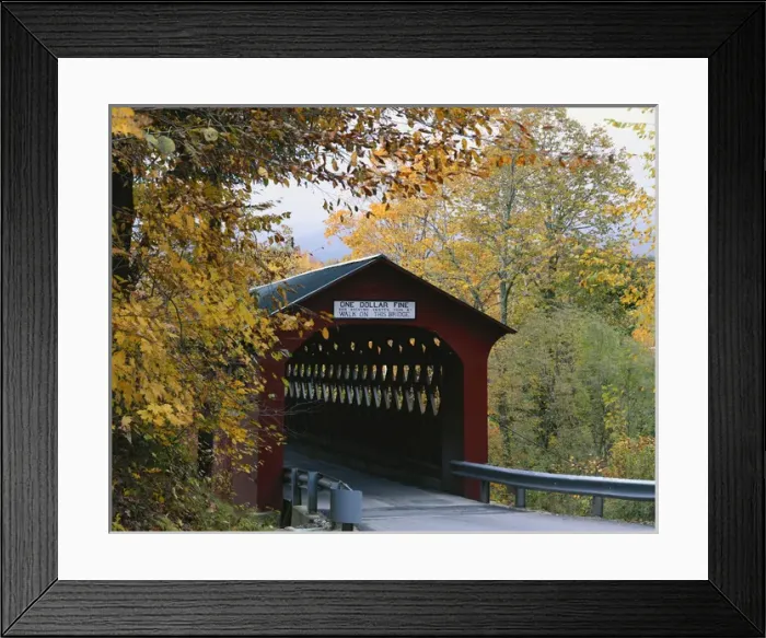 Framed Print : USA, Vermont, Chisleville Bridge, Battenkill, Entrance to covered bridge with fall Framed Print : USA, Vermont, Chisleville Bridge, Battenkill, Entrance to covered bridge with fall