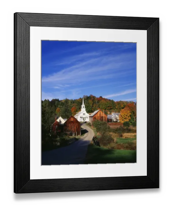 Framed Print : USA, Vermont, Northeast Kingdom, Waits River, View of church and barn in autumn