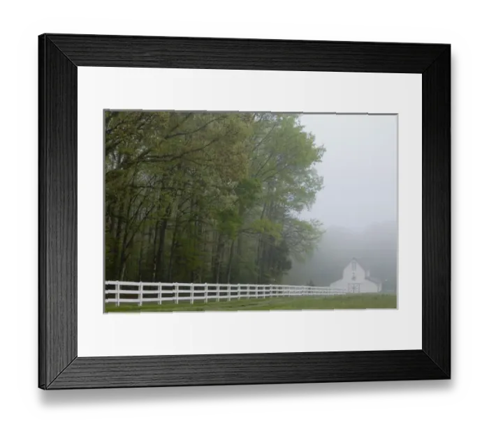 Framed Print : White farmhouse and fence in mist, Powhatan, Virginia, United States