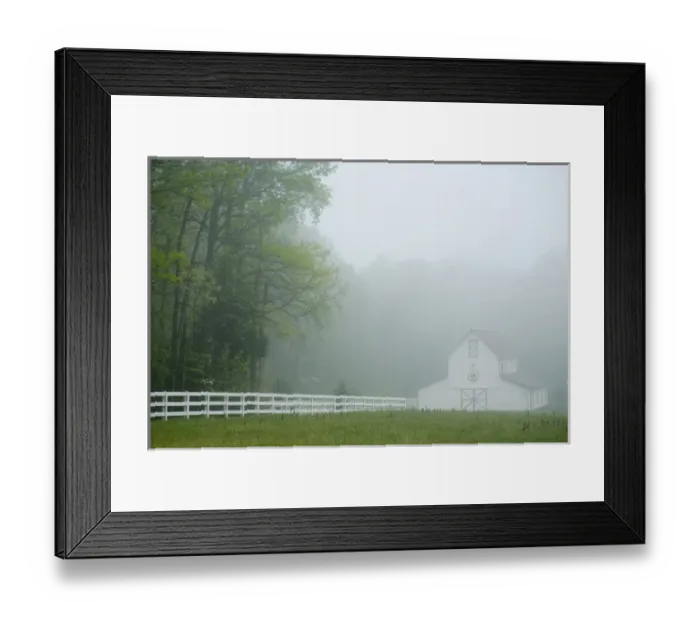 Framed Print : White farmhouse and fence in mist, Powhatan, Virginia, United States