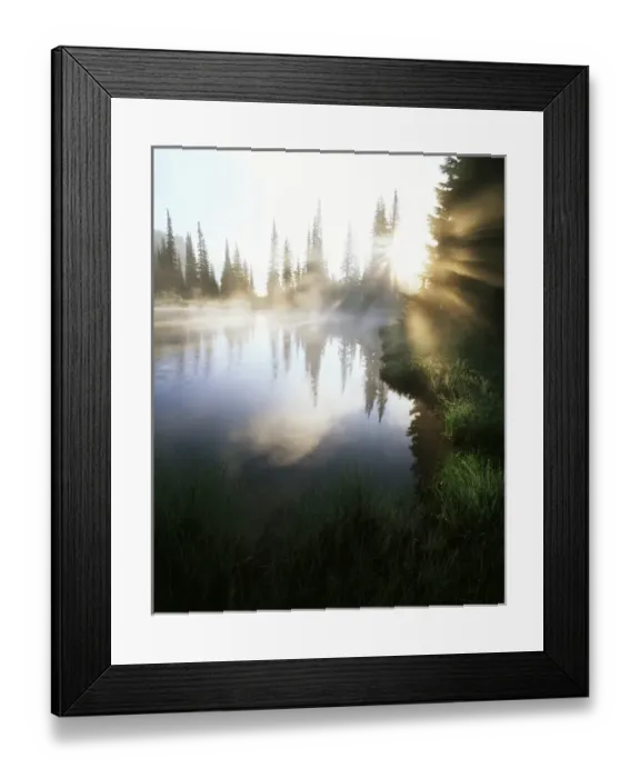Framed Print : USA, Washington State, Mt Rainier National Park, Sunbeam along shore of reflection