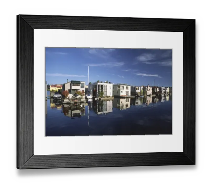 Framed Print : USA, Washington, Seattle. Modern houseboats line pier on Lake Union