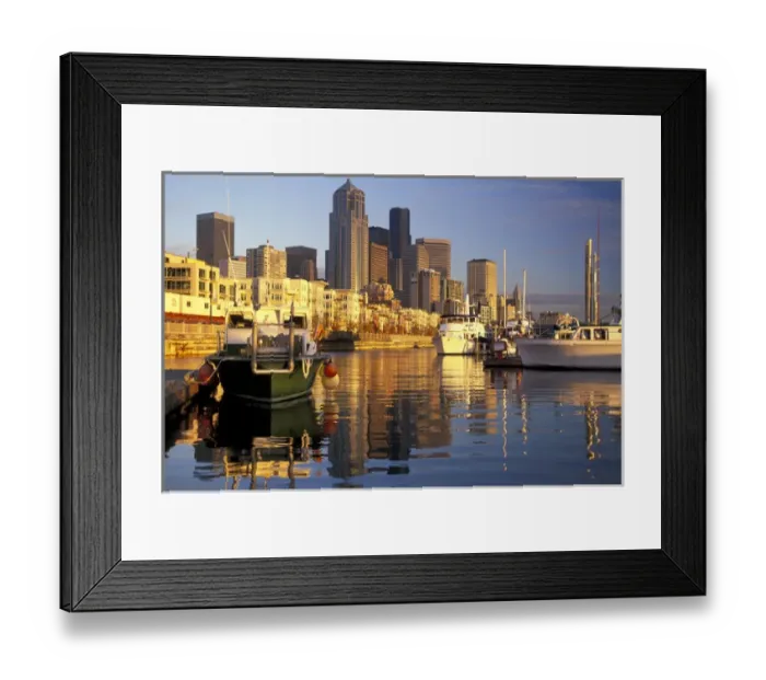 Framed Print : USA, Washington State, Seattle. City skyscrapers loom over Bell Harbor Marina Framed Print : USA, Washington State, Seattle. City skyscrapers loom over Bell Harbor Marina
