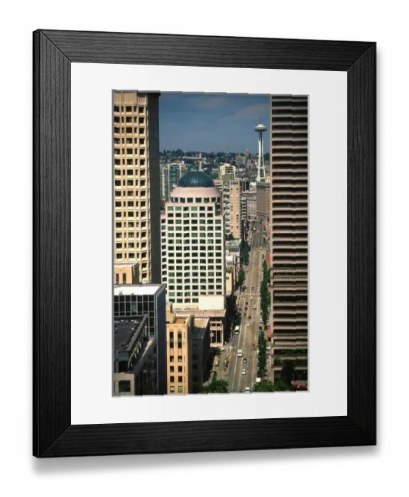 Framed Print : USA, Washington, Seattle. Cityscape view N along 2nd Avenue to Space Needle Framed Print : USA, Washington, Seattle. Cityscape view N along 2nd Avenue to Space Needle