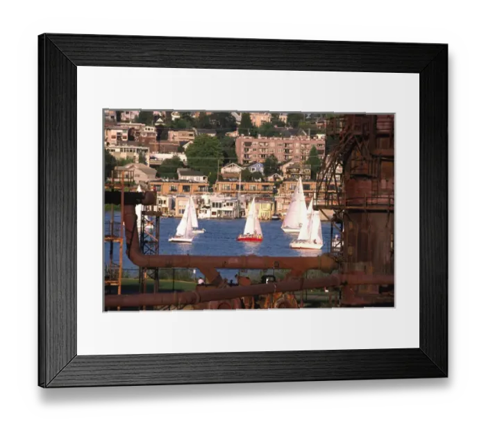 Framed Print : USA, Washington, Seattle. Sailboats on Lake Union pass rusty gas conversion relics Framed Print : USA, Washington, Seattle. Sailboats on Lake Union pass rusty gas conversion relics