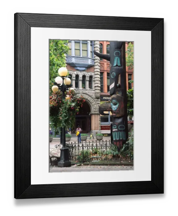 Framed Print : USA, Washington, Seattle. Tlingit totem pole, antique street lamps & historic Pioneer Framed Print : USA, Washington, Seattle. Tlingit totem pole, antique street lamps & historic Pioneer