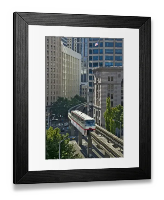 Framed Print : USA, Washington, Seattle. Monorail travels between the Seattle Center and downtown