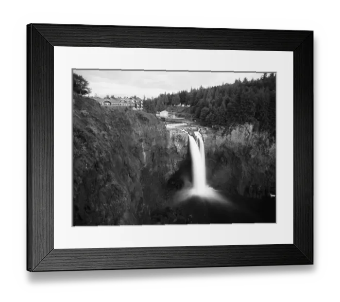 Framed Print : USA, Washington State, Salish Lodge and English Daisies overlook the 270 foot faller