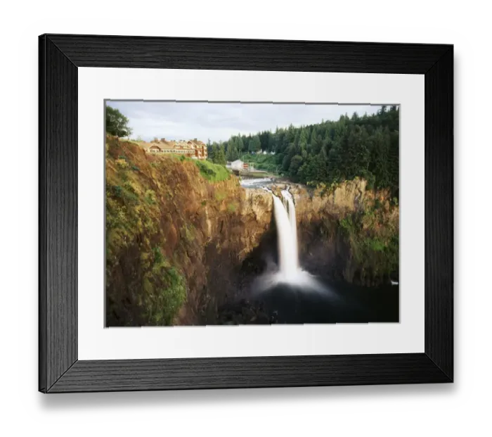 Framed Print : USA, Washington State, Salish Lodge and English Daisies overlook the 270 foot faller Framed Print : USA, Washington State, Salish Lodge and English Daisies overlook the 270 foot faller