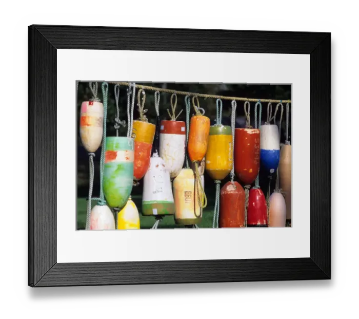 Framed Print : Colorful old crab pot buoys on display in Westport, Washington Framed Print : Colorful old crab pot buoys on display in Westport, Washington