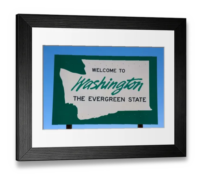 Framed Print : A sign welcoming you to Washington state